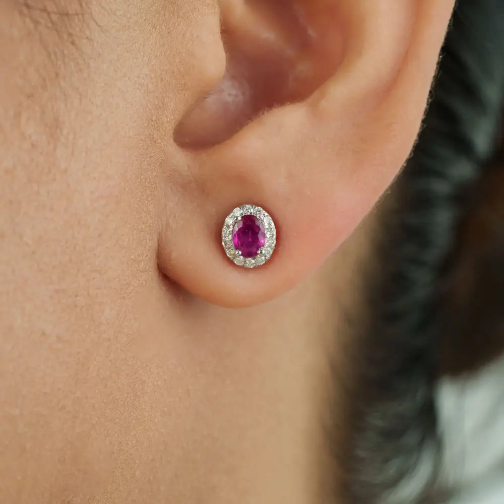 Oval Shape Ruby & Round Cut Diamond Real K18 White Gold Halo Stud Earrings Minimal Jewelry
