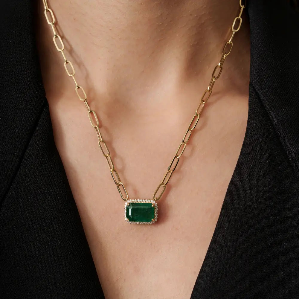 14K Real Yellow Gold Emerald & Diamond Paperclip Chain Cluster Pendant Necklace For Women