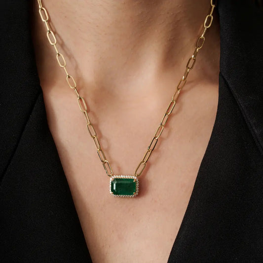 14K Real Yellow Gold Emerald & Diamond Paperclip Chain Cluster Pendant Necklace For Women
