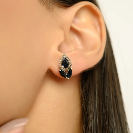 Pear and Marquise Cut Blue Sapphire Halo Stud Earrings 925 Sterling Silver Handmade Jewelry