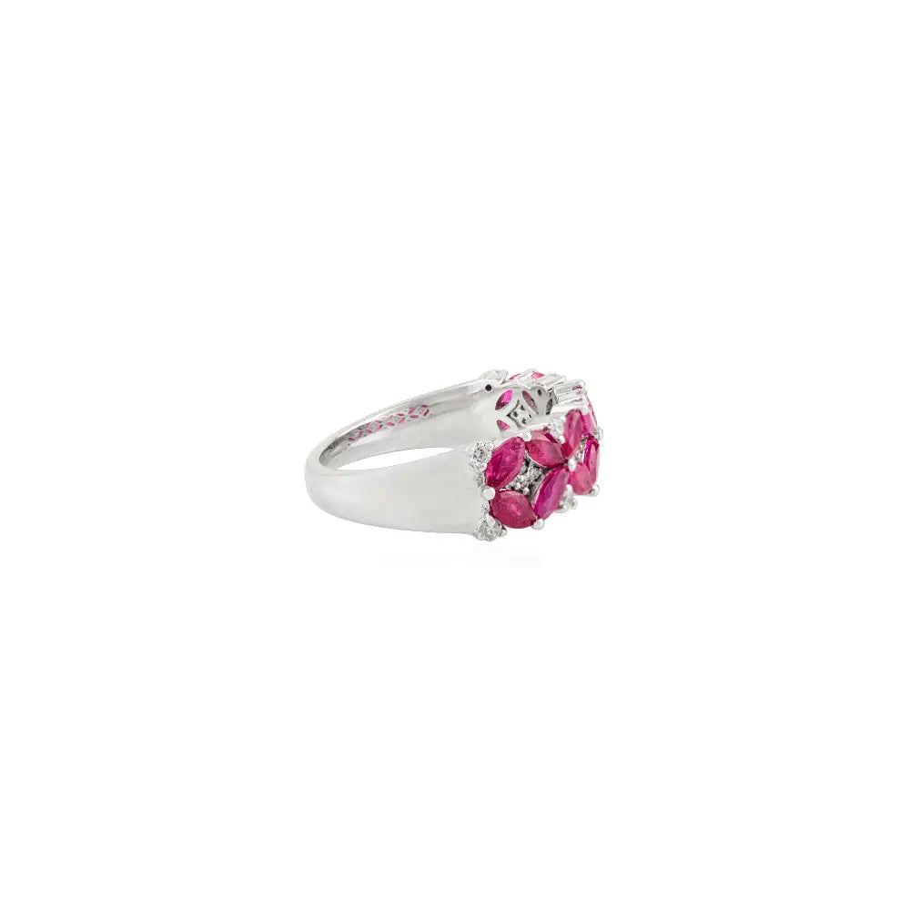 Unique Design Genuine Ruby & Diamond Floral Wide Band Ring Solid 14K White Gold Jewelry