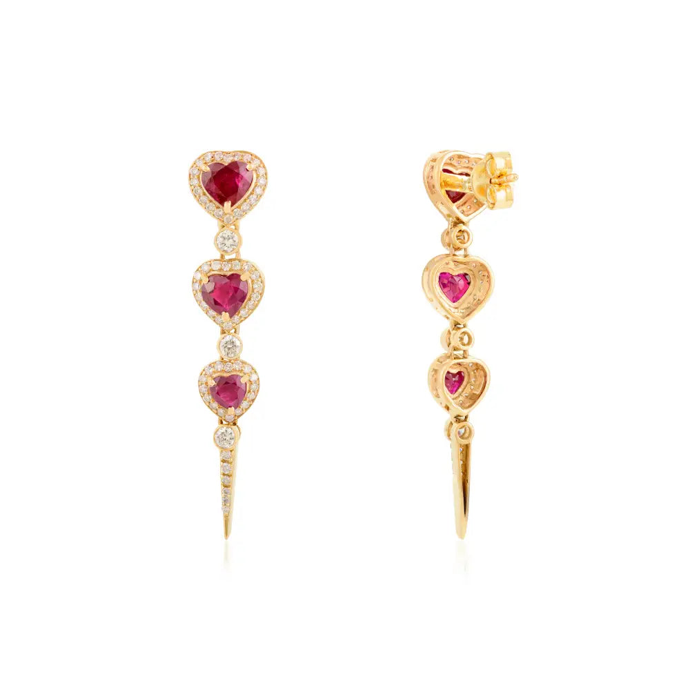 Top Quality Ruby & Diamond Trio Heart Long Dangle Earrings 18K Real Yellow Gold Jewelry