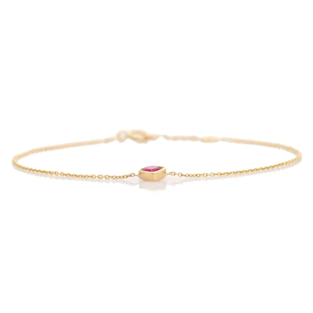Minimalist Trendy Heart Shape Ruby Bezel Set Solitaire Chain Bracelet 14K Yellow Gold Jewelry