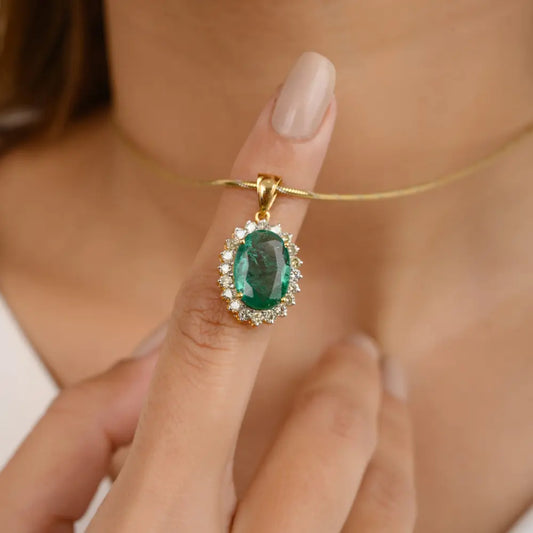 Natural Oval Cut Emerald & Round Diamond 14K Yellow Gold Pendant