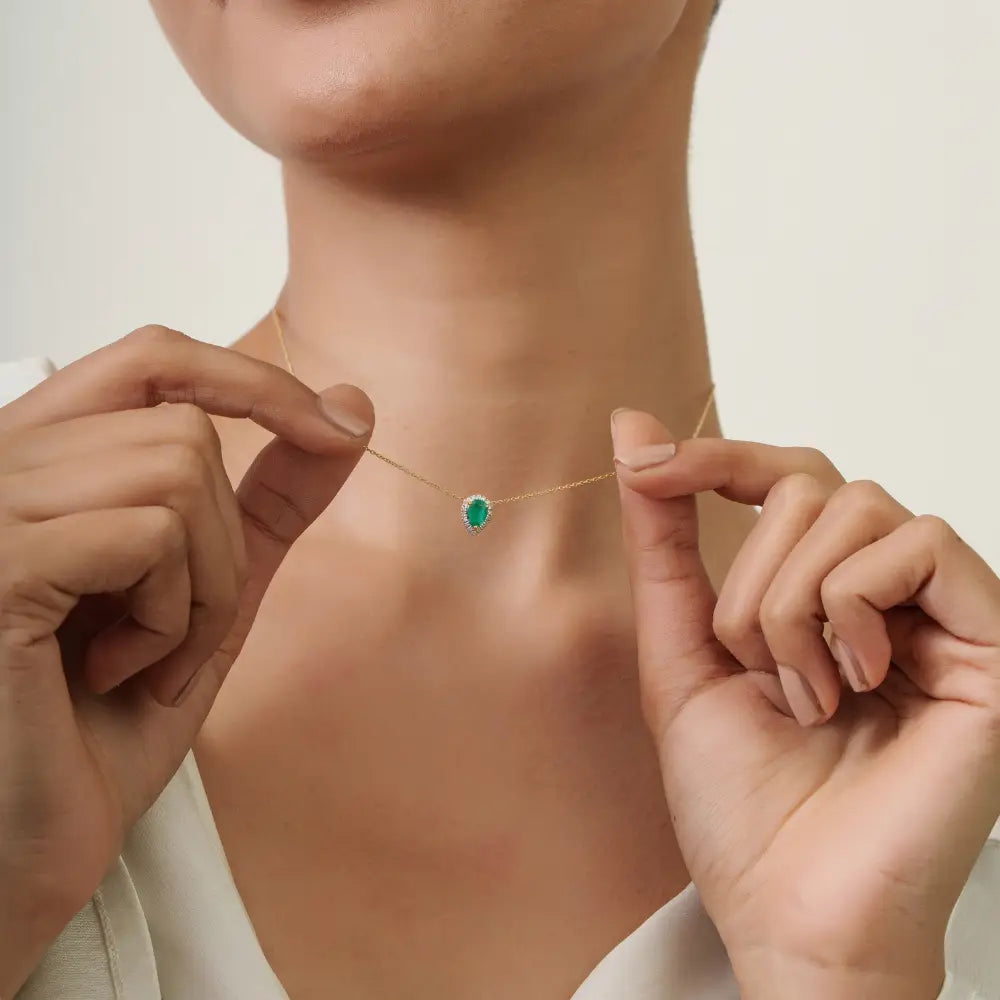 Pear Cut Emerald & Diamond Fine Minimalist Solitaire Halo Pendant Necklace 18K Yellow Gold