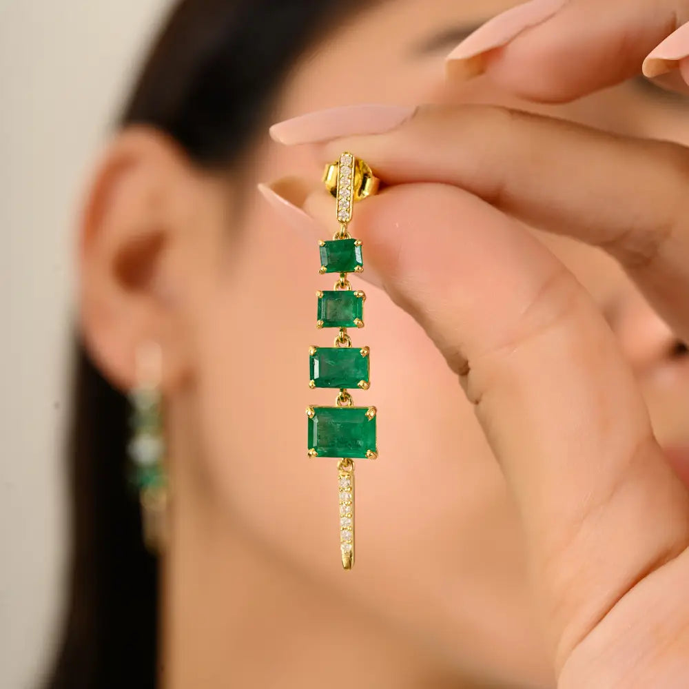 K14 Gold Graduated Set Gemstone Emerald & Diamond Women Handmade Dangle Earrings