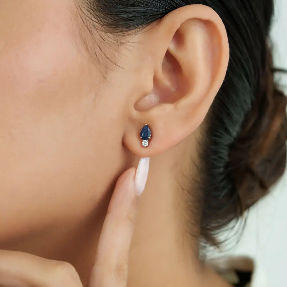 6x4mm Pear Cut Blue Sapphire & Diamond Small Dainty Stud Earrings 14K White Gold Jewelry