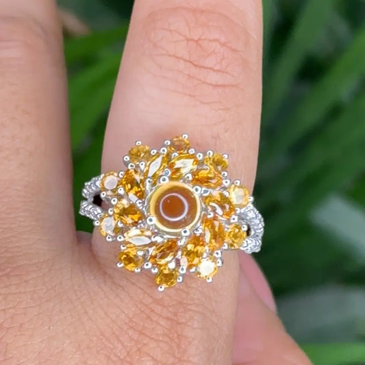 Superior Quality Solid Silver Citrine & American Diamond Cocktail Ring Semi Precious Jewelry