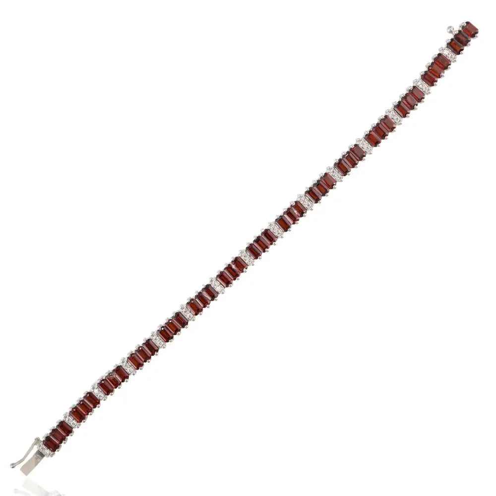 Baguette Shape Garnet & Round American Diamond Statement Tennis Bracelet Anniversary Gift