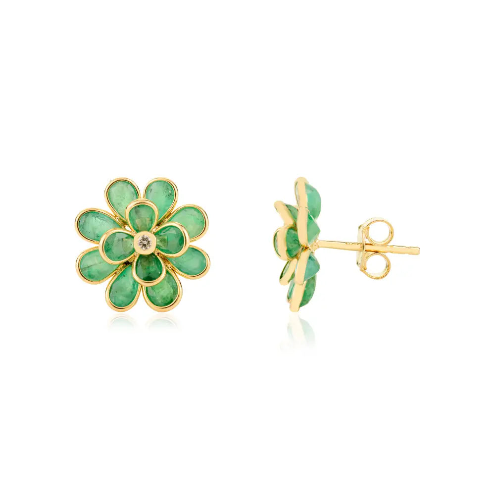 Unique Design Emerald & Diamond Flower Shape Stud Earrings 18K Yellow Gold Jewelry