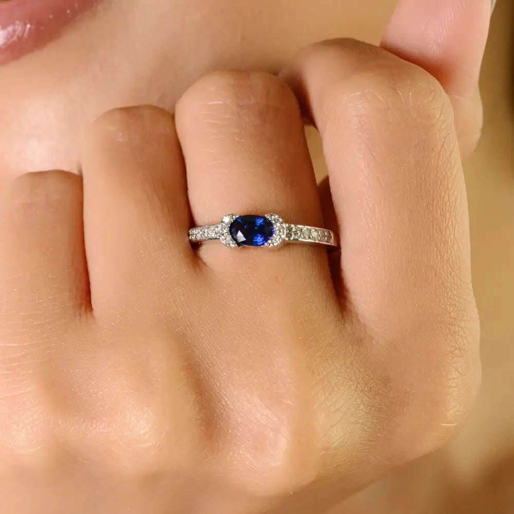 Fine Half Bezel Set Blue Sapphire & Diamond 14K White Gold Engagement Ring Manufacturer