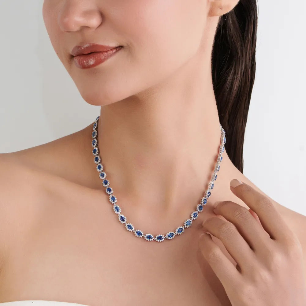 Prong Set Blue Sapphire & Diamond Fine Cluster Tennis Necklace For Women 14K Real White Gold Bold Jewelry