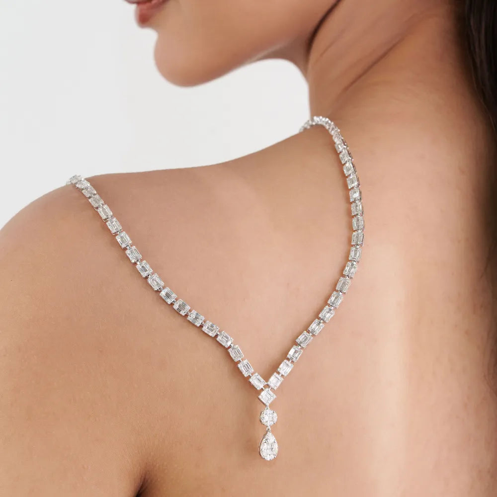 Luxury Design Bold Natural Diamond Bold Y Shape Drop Necklace Engagement Jewelry 14K Real White Gold