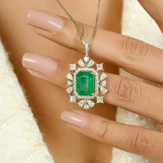 Natural Zambian Emerald & Diamond Statement Pendant Wedding 18K White Gold Bold Jewelry