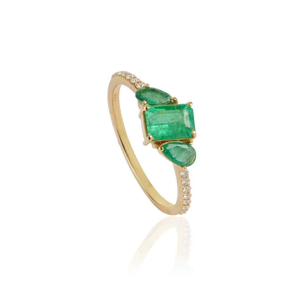 Minimalist Design Emerald & Diamond Pure K14 Yellow Gold Stacking Three Stone Ring