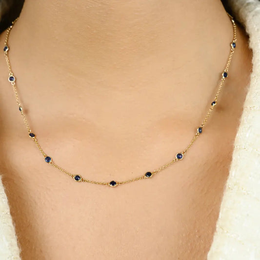Real 14K Yellow Gold Round Blue Sapphire Station Chain Necklace Daily Wear Simple Jewelry