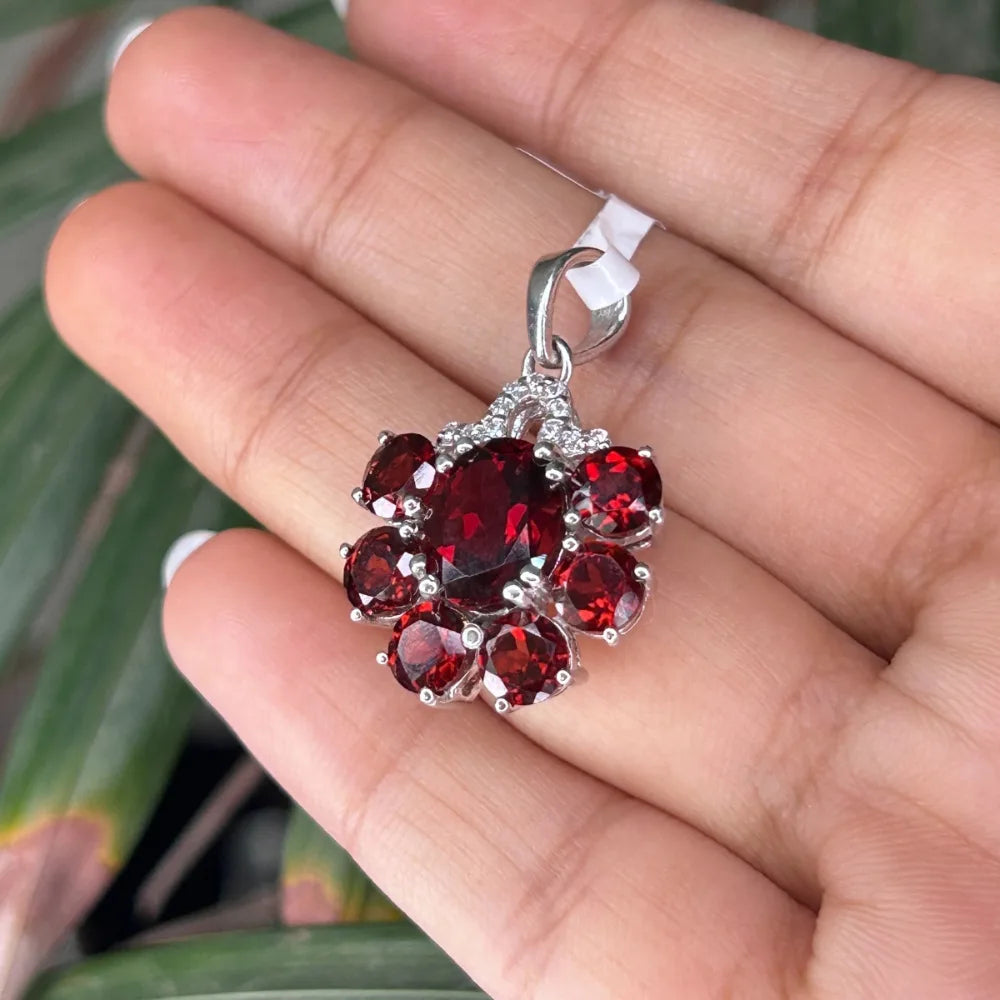 January Birthstone 925 Solid Silver Natural Red Garnet & American Diamond Statement Pendant