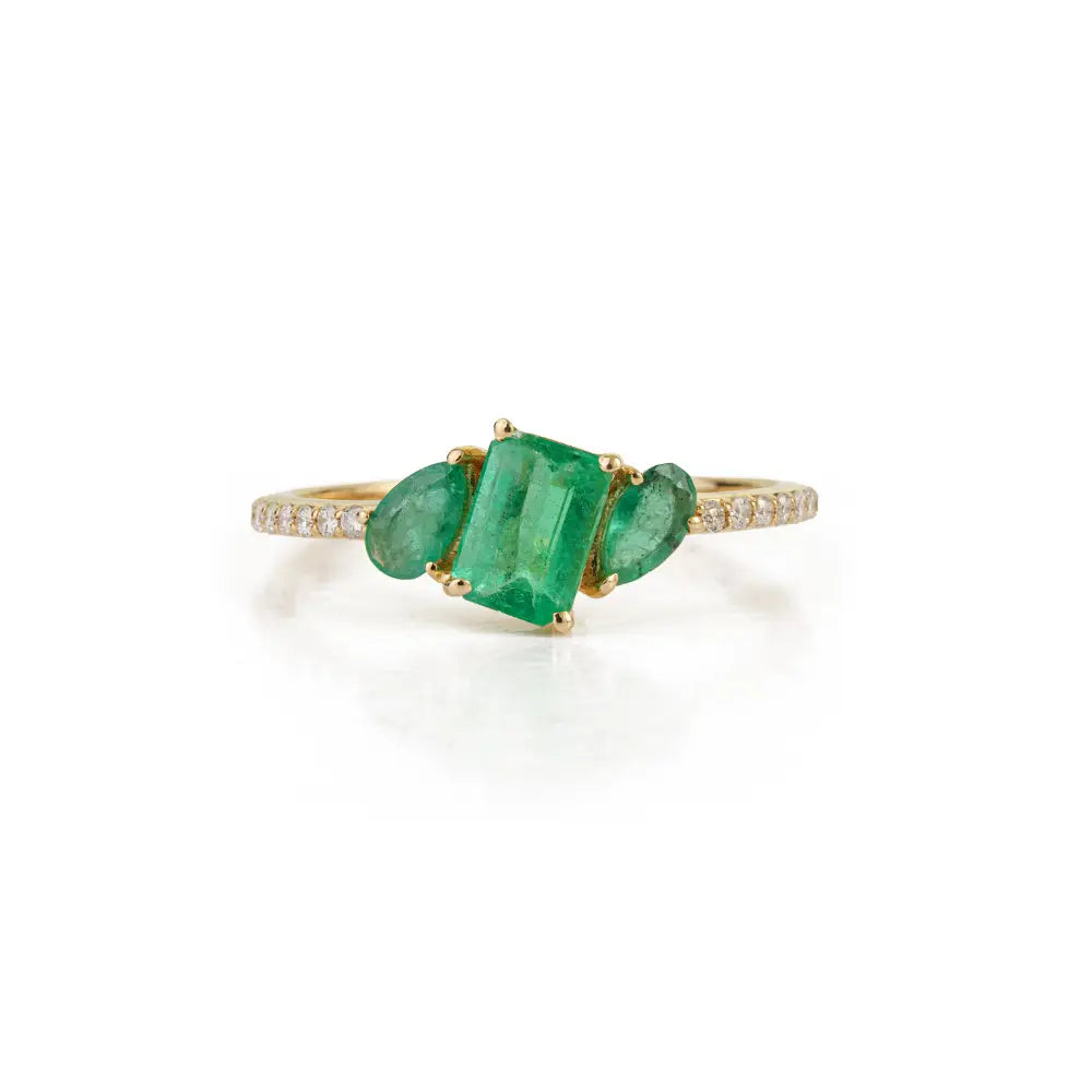 Minimalist Design Emerald & Diamond Pure K14 Yellow Gold Stacking Three Stone Ring