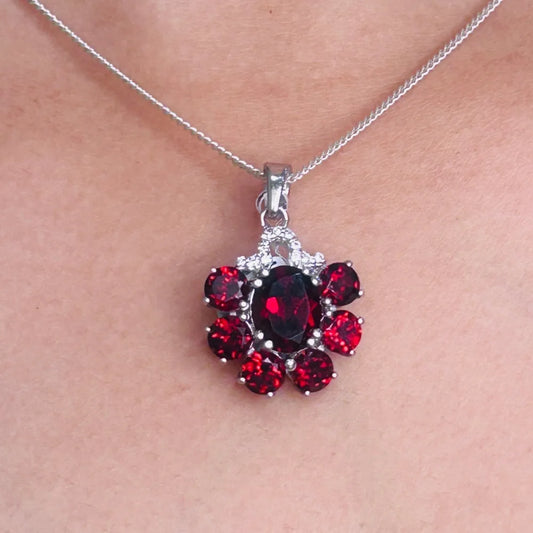 January Birthstone 925 Solid Silver Natural Red Garnet & American Diamond Statement Pendant