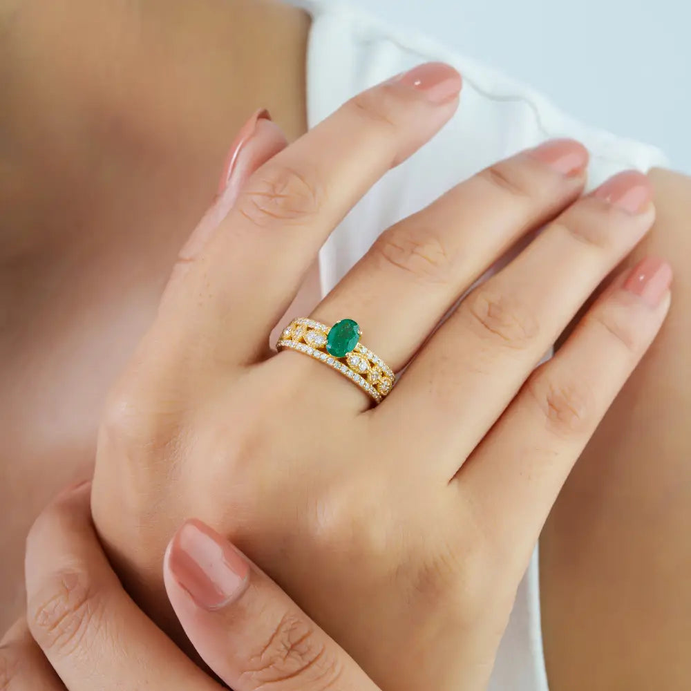 7x5mm Oval Emerald & Diamond Statement Wedding Band Ring Real K18 Yellow Gold Jewelry