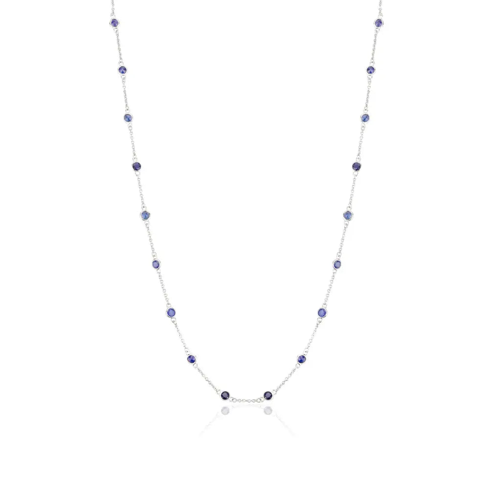 Round Cut Blue Sapphire Station Chain Necklace Women Everyday Jewelry 14K White Gold
