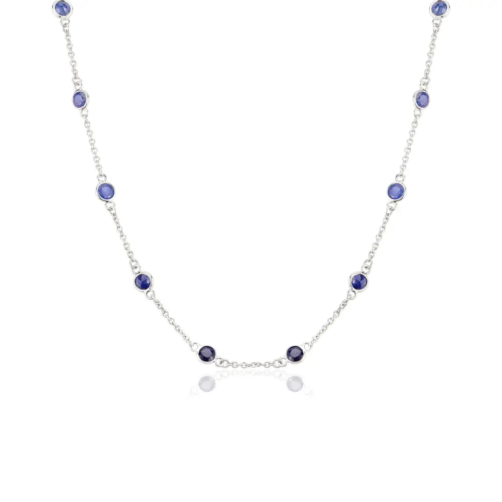 Round Cut Blue Sapphire Station Chain Necklace Women Everyday Jewelry 14K White Gold