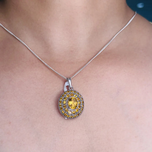 Fine Jewelry Natural Oval & Round Shape Citrine Gemstone Double Halo Pendant