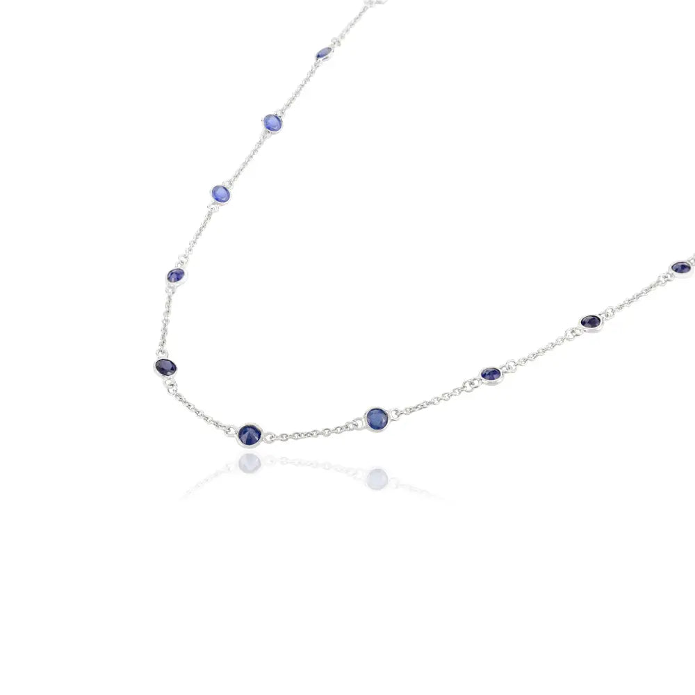 Round Cut Blue Sapphire Station Chain Necklace Women Everyday Jewelry 14K White Gold