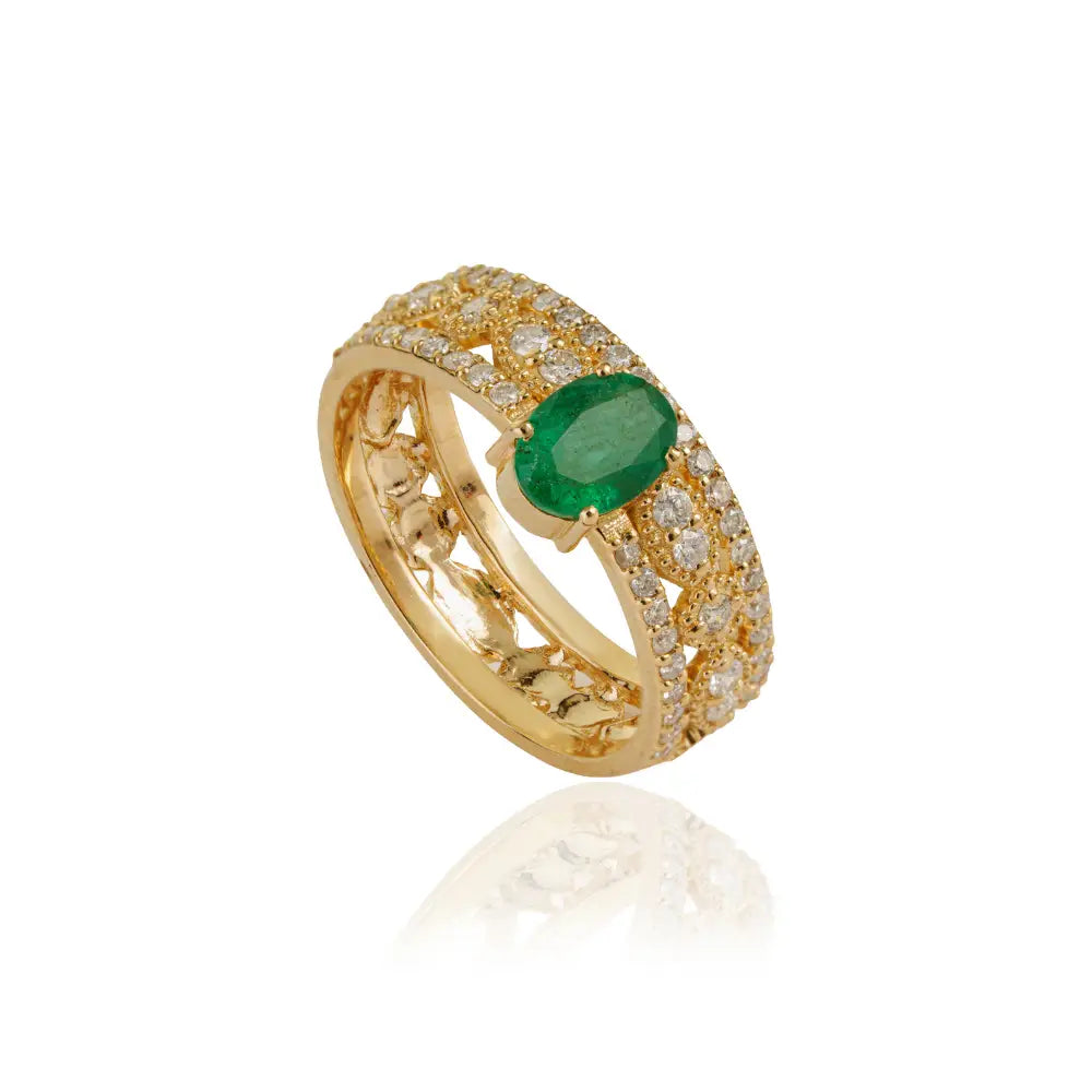 7x5mm Oval Emerald & Diamond Statement Wedding Band Ring Real K18 Yellow Gold Jewelry