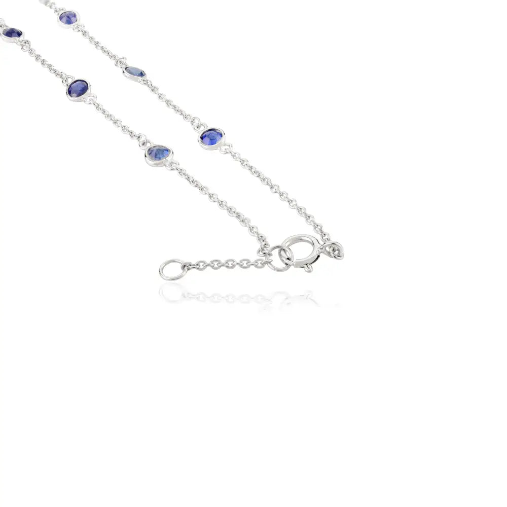 Round Cut Blue Sapphire Station Chain Necklace Women Everyday Jewelry 14K White Gold