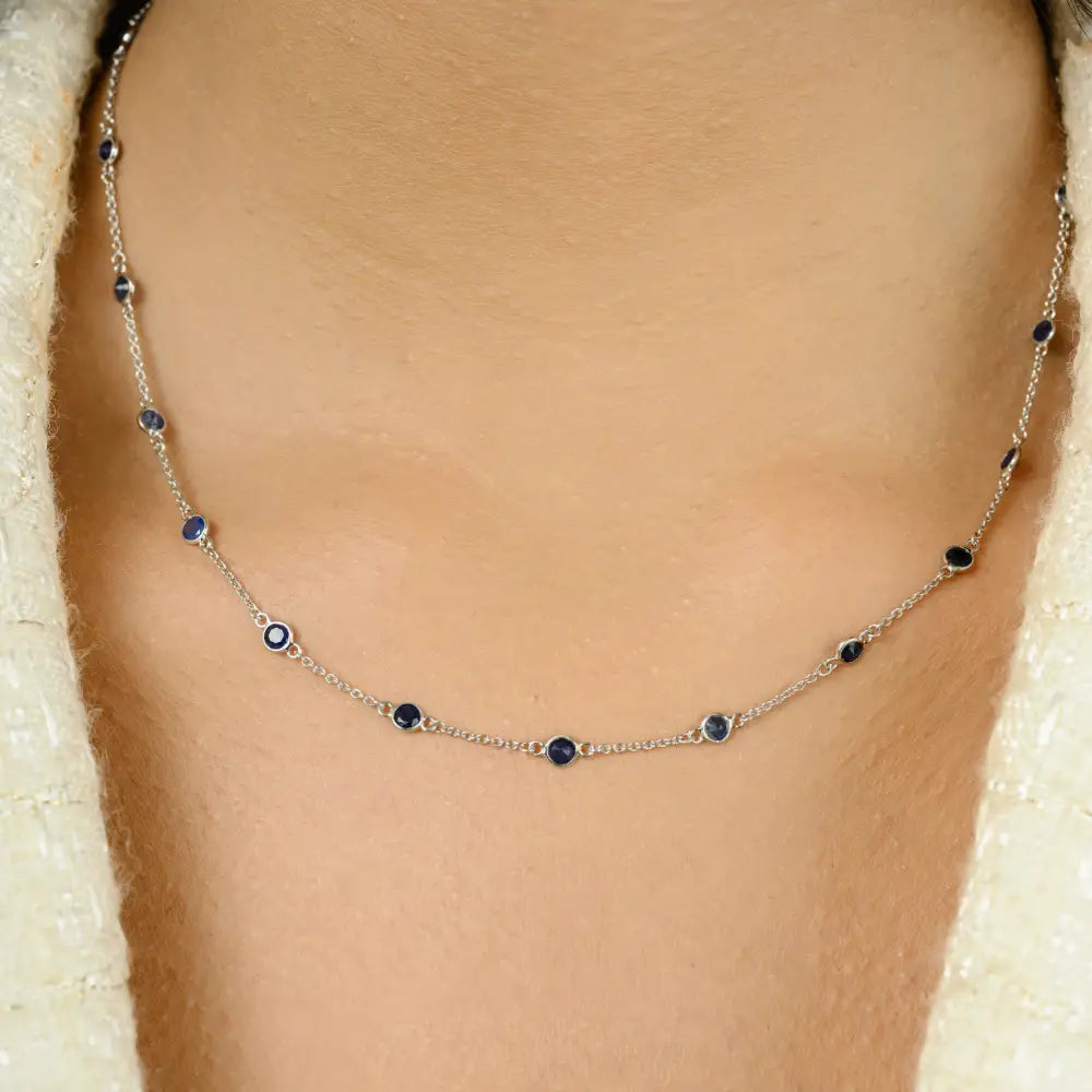 Round Cut Blue Sapphire Station Chain Necklace Women Everyday Jewelry 14K White Gold