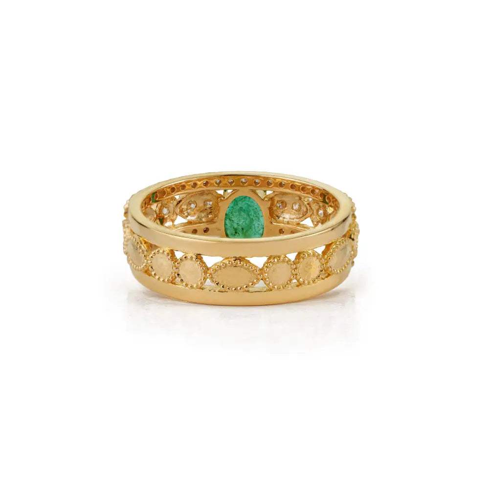 7x5mm Oval Emerald & Diamond Statement Wedding Band Ring Real K18 Yellow Gold Jewelry