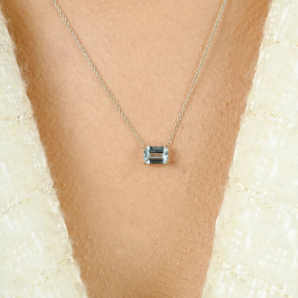 March Birthstone Aquamarine Single Stone Pendant Necklace Solid 14K White Gold Jewelry