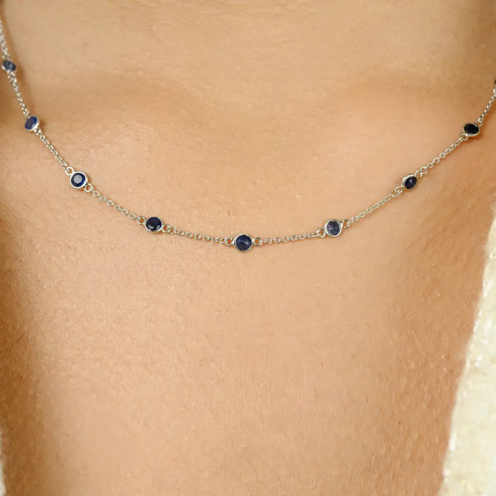 Round Cut Blue Sapphire Station Chain Necklace Women Everyday Jewelry 14K White Gold