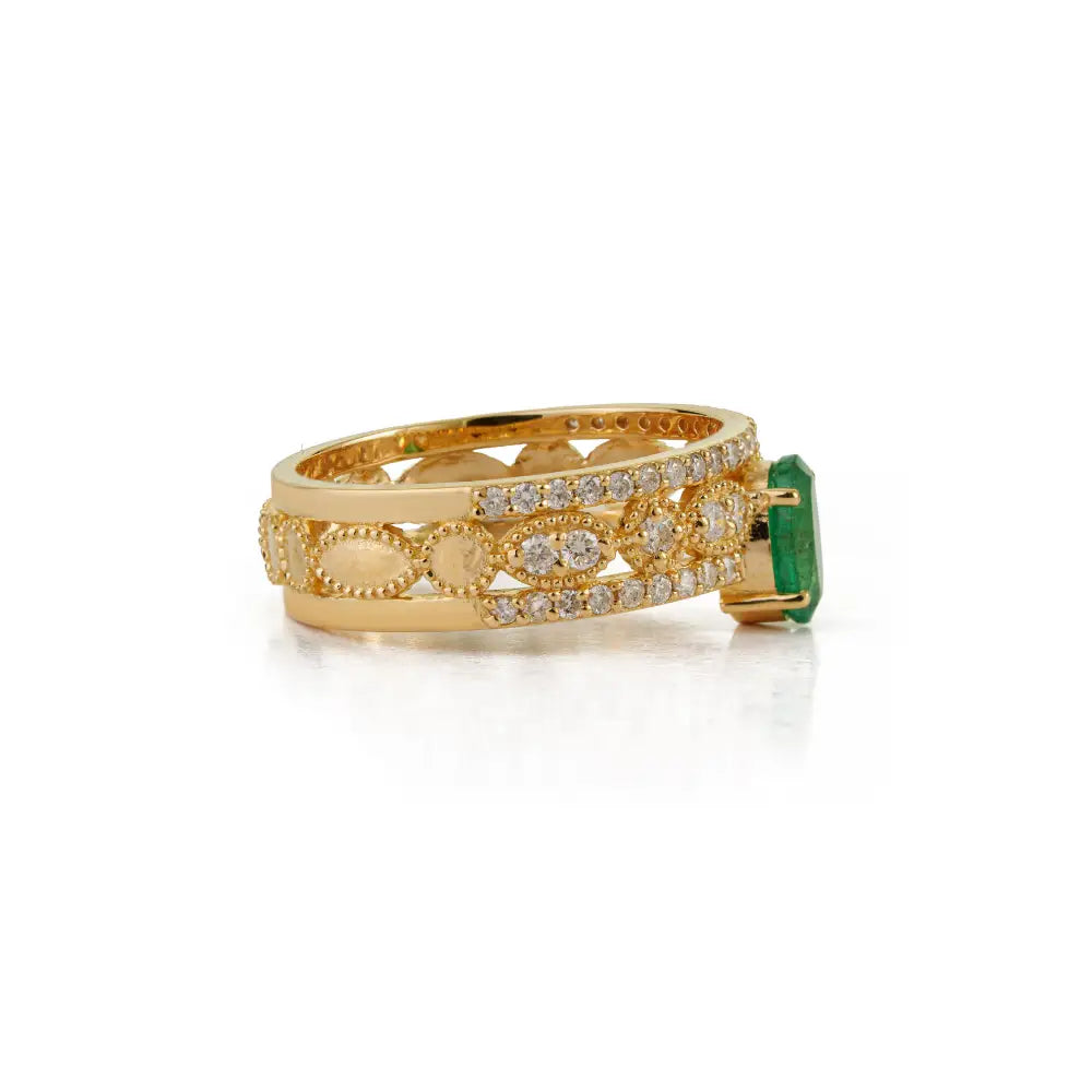7x5mm Oval Emerald & Diamond Statement Wedding Band Ring Real K18 Yellow Gold Jewelry