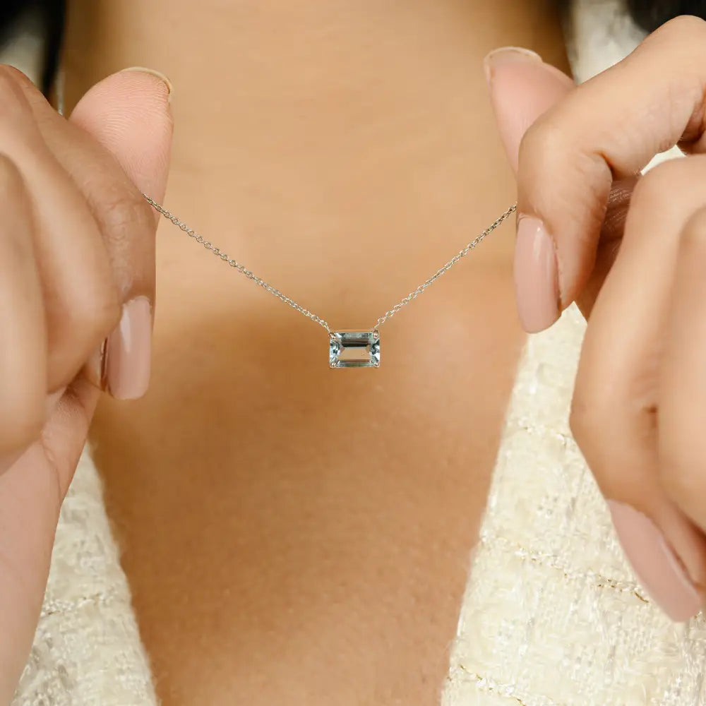 March Birthstone Aquamarine Single Stone Pendant Necklace Solid 14K White Gold Jewelry