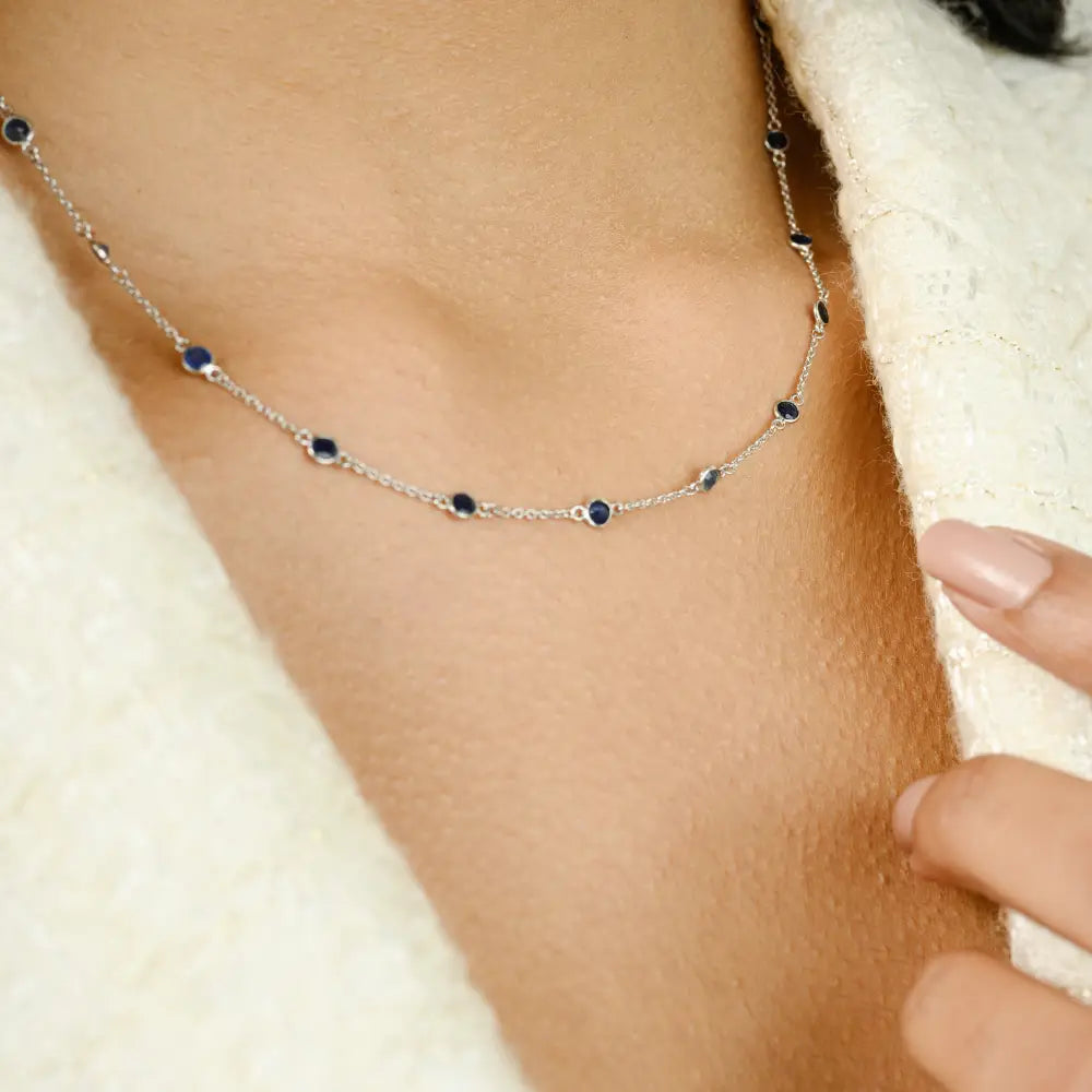 Round Cut Blue Sapphire Station Chain Necklace Women Everyday Jewelry 14K White Gold