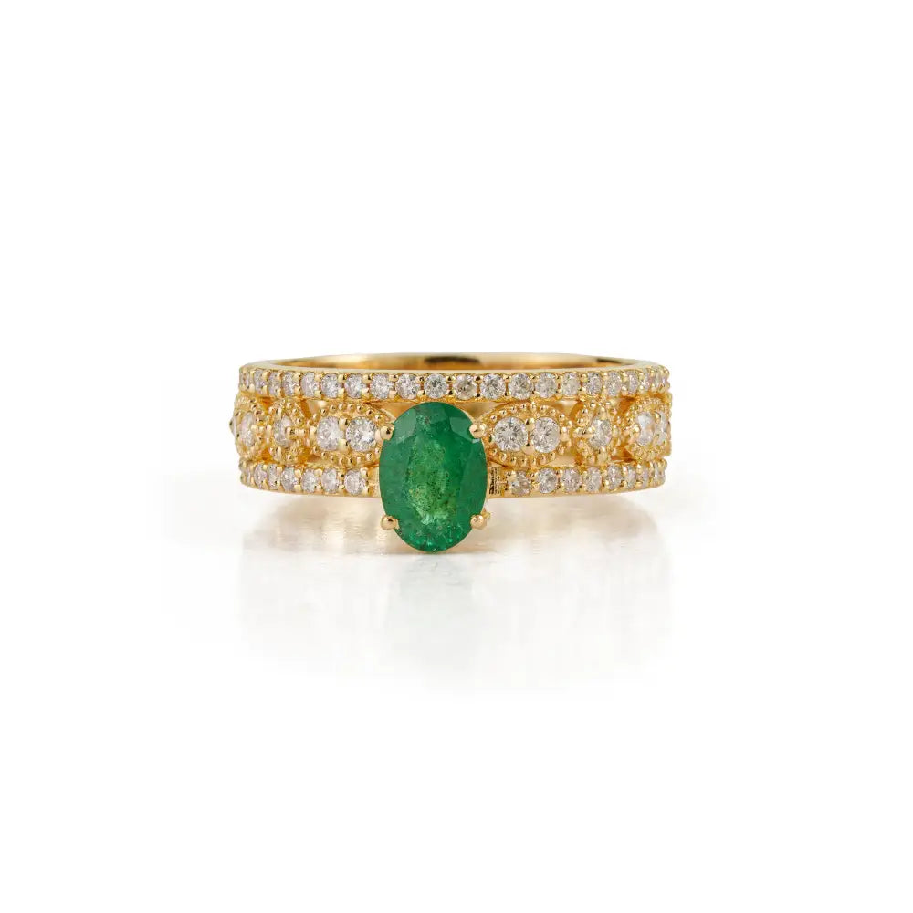 7x5mm Oval Emerald & Diamond Statement Wedding Band Ring Real K18 Yellow Gold Jewelry