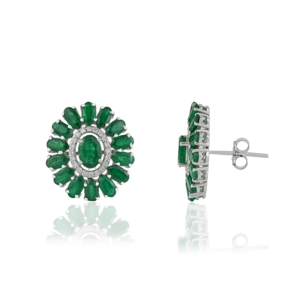 Floral Inspired Zambian Emerald & Diamond Halo Statement Stud Earrings 14K White Gold