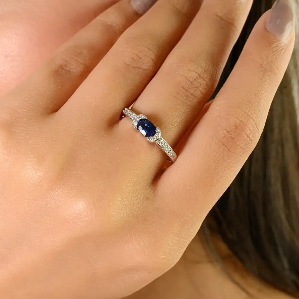 Fine Half Bezel Set Blue Sapphire & Diamond 14K White Gold Engagement Ring Manufacturer