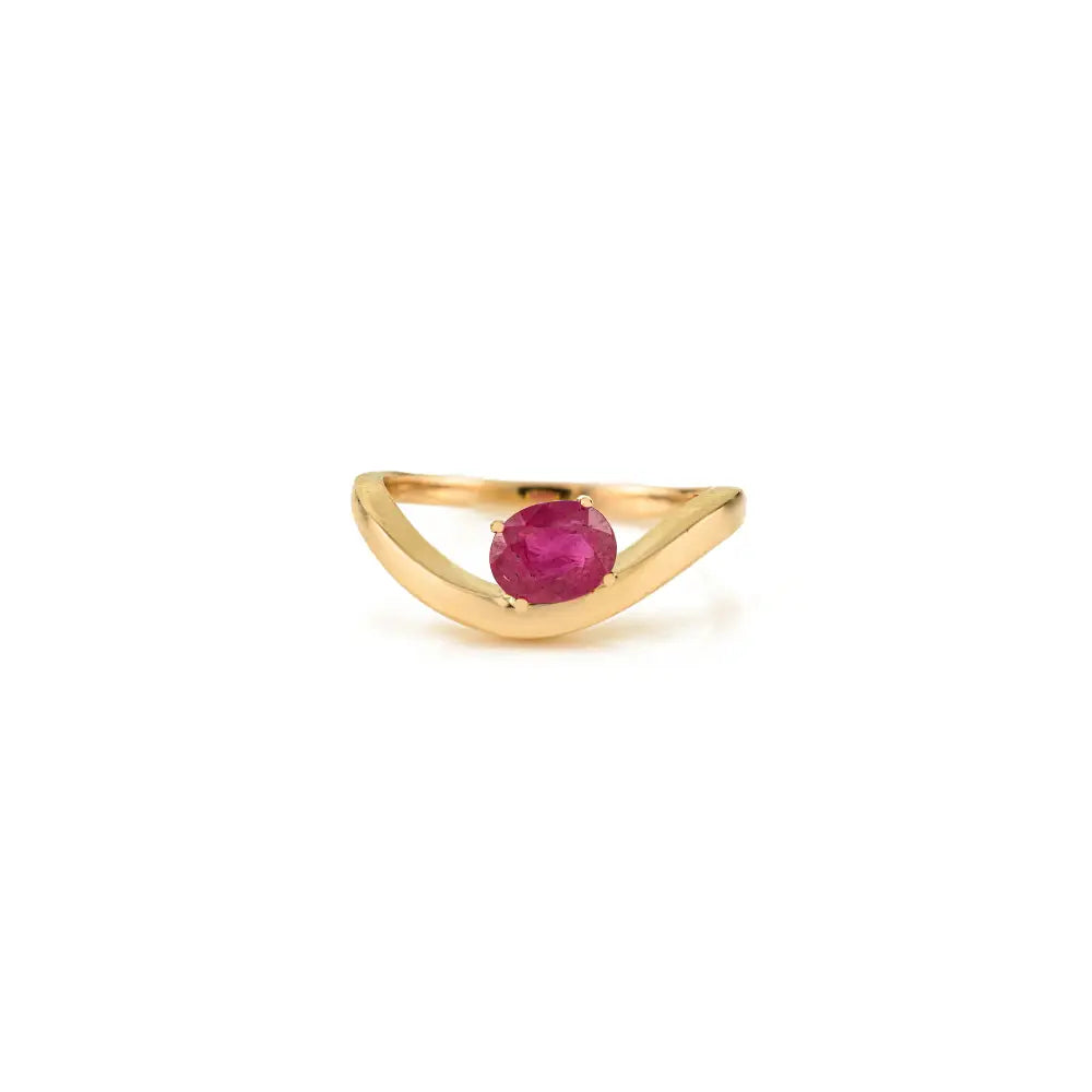 Prong Setting Natural Ruby Gemstone Simple Wavy Ring Pure 14K Yellow Gold Gift For Her