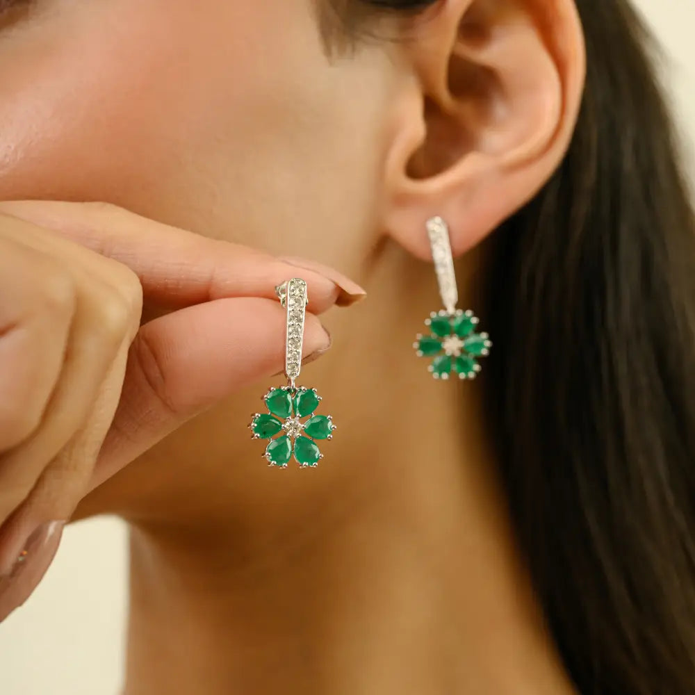 18K White Gold Emerald & Diamond Floral Drop Earrings Handmade May Birthstone Jewelry