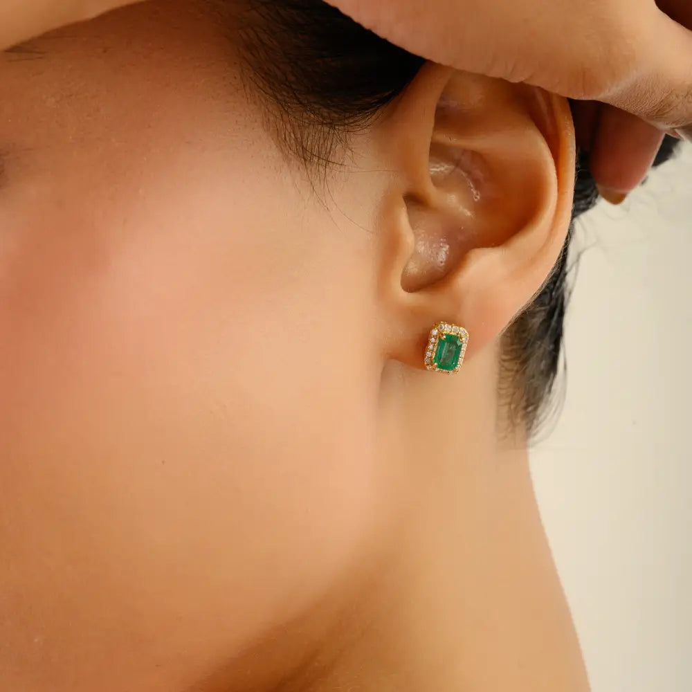 Octagon Shape Emerald & Round Shape Diamond Push Back Cluster Stud Earrings 18K Gold