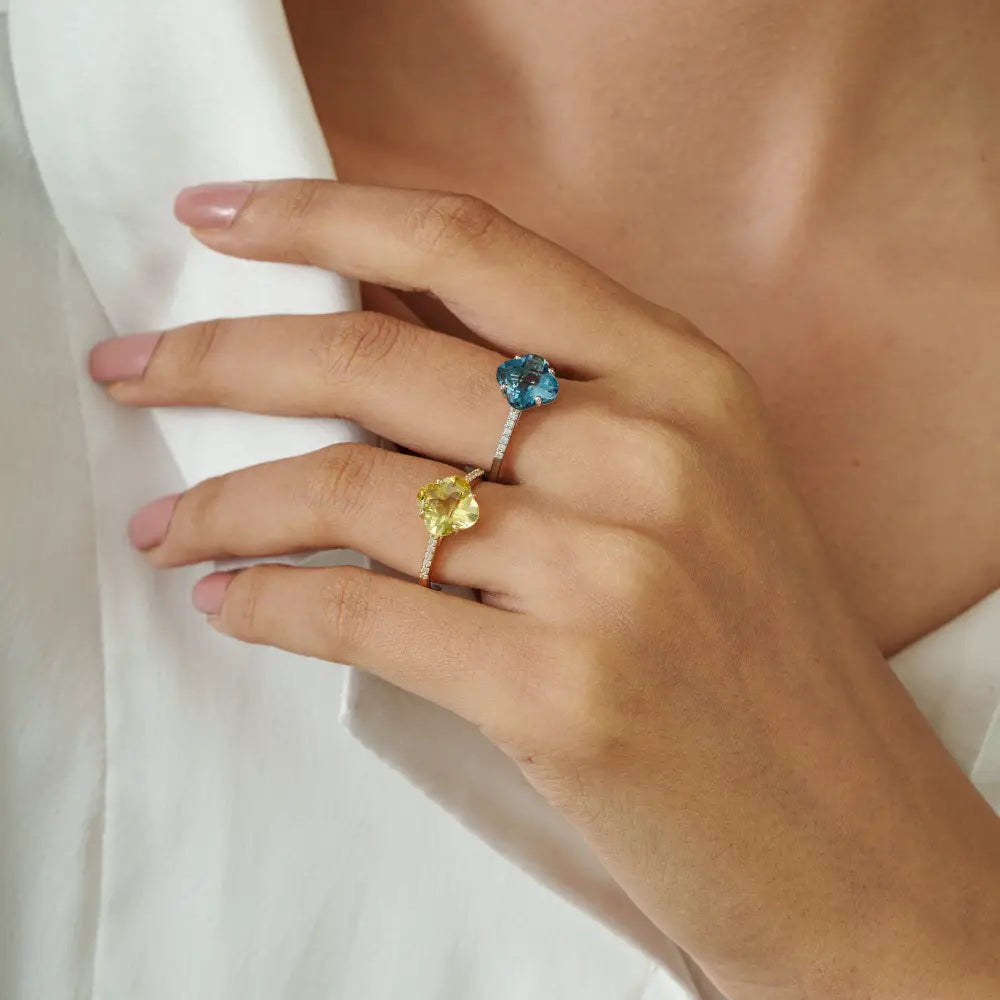 Semi Precious Gemstone Lemon Topaz & Diamond Flour Leaf Clover Shape Ring 14K Gold