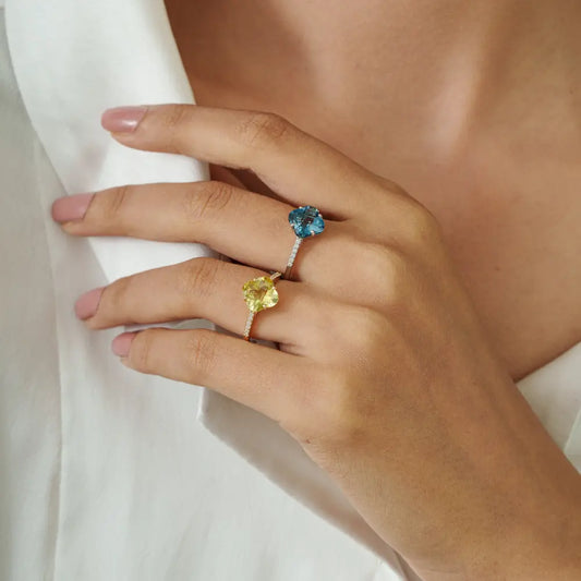 Semi Precious Gemstone Lemon Topaz & Diamond Flour Leaf Clover Shape Ring 14K Gold