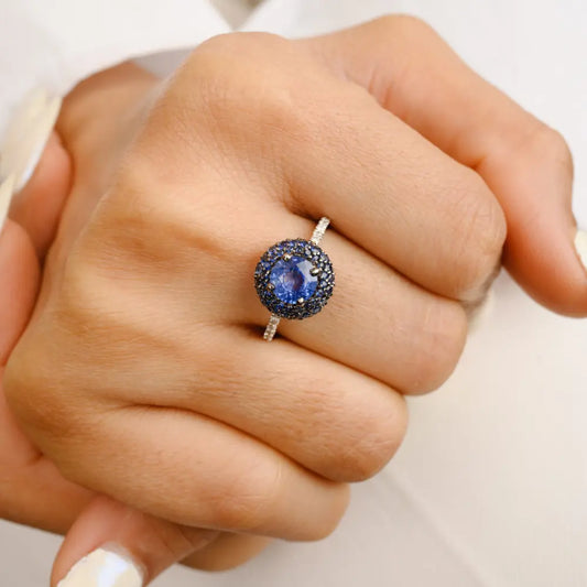 18K Solid White Gold Natural Gemstone Blue Sapphire & Diamond Ball Rings