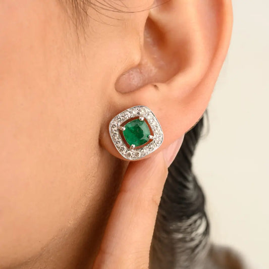 May Birthstone Cushion Cut Emerald & Round Diamond K14 White Gold Stud Earring