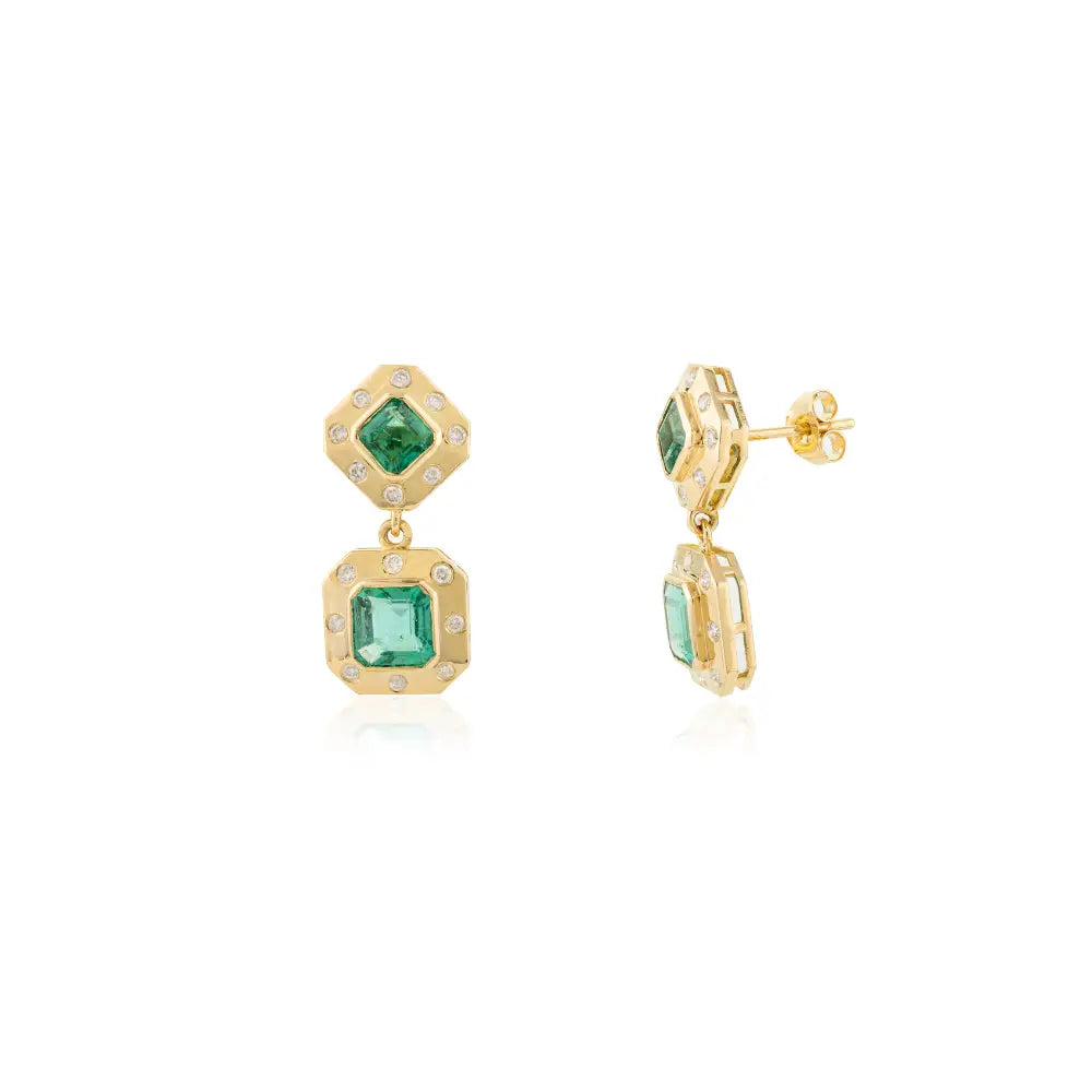 Luxury Jewelry K18 Yellow Gold Natural Emerald & Diamond Dangle Earrings