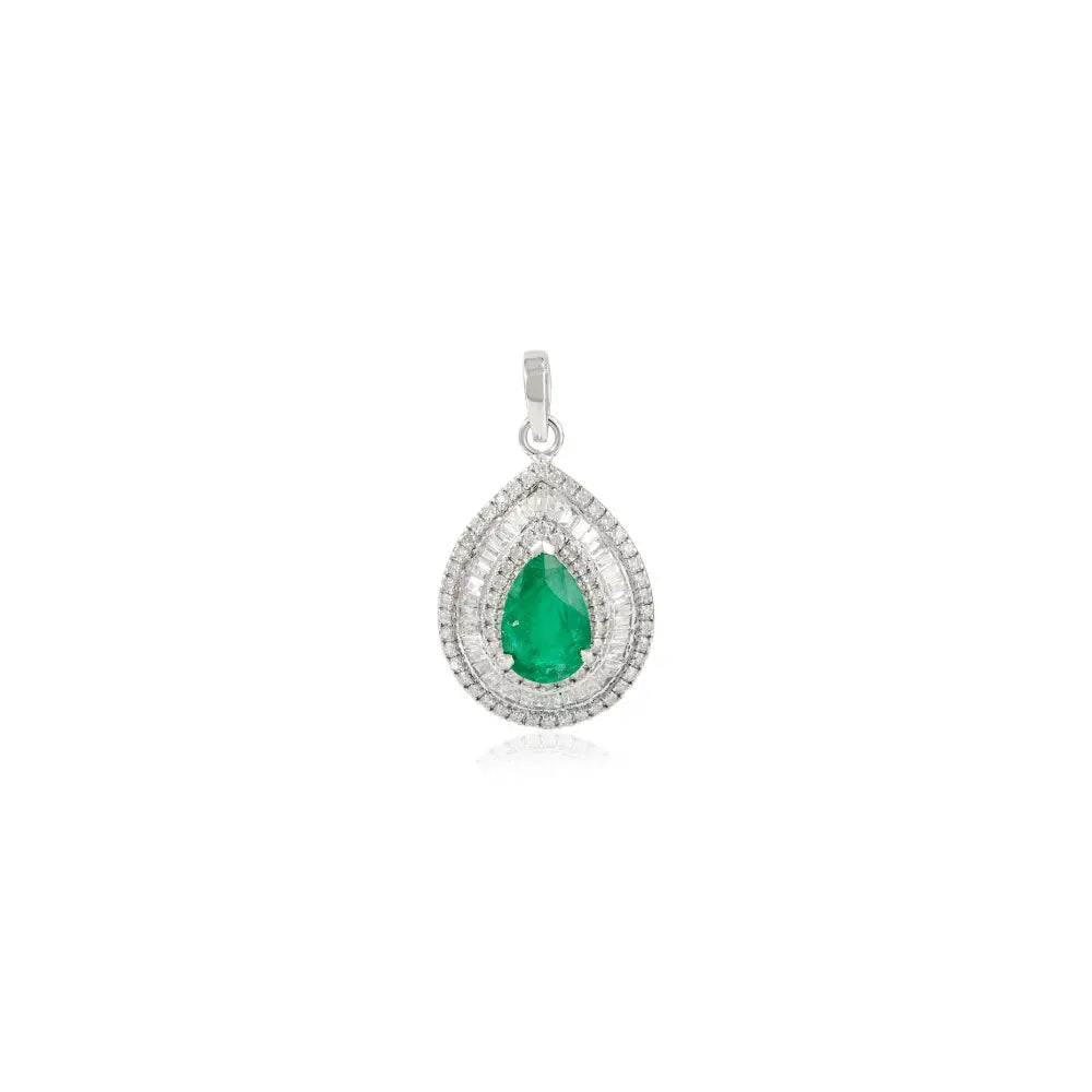Luxurious Emerald & Diamond Statement 14K White Gold Bold Pendant Wedding Jewelry
