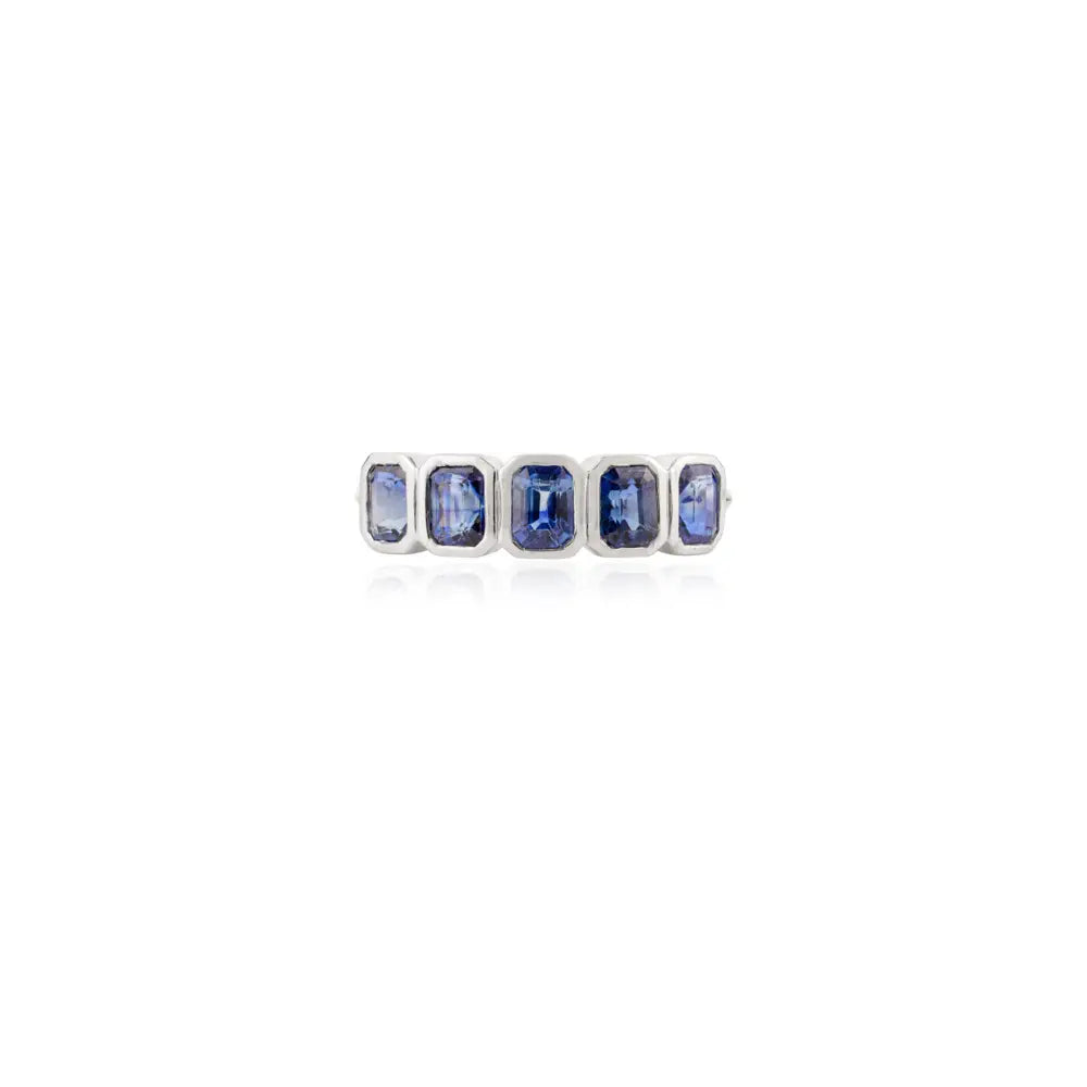 Precious Gemstone Natural Blue Sapphire 18K White Gold Half Eternity Band Ring